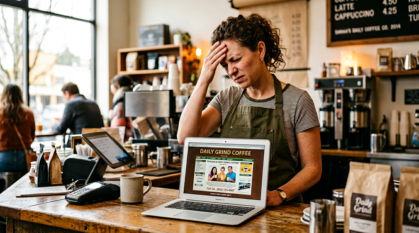 Frustrated small business owner staring at outdated website on laptop