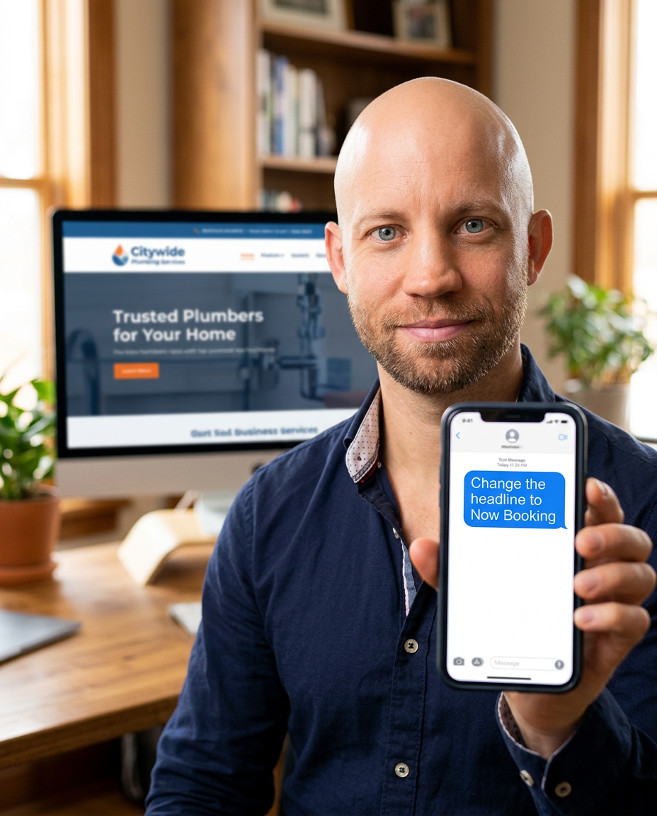 Szilard holding phone with text message, website in background